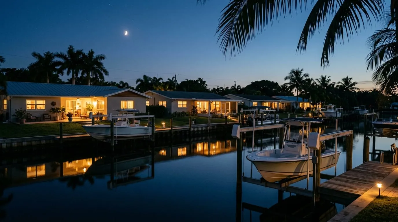 A line of South Florida waterfront homes after dark, a service van parked further along the curb