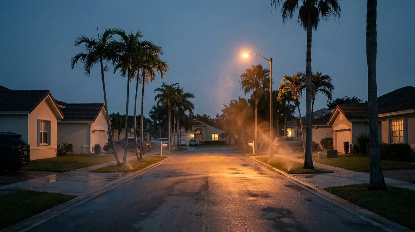 A quiet residential street in Jupiter after rain at night