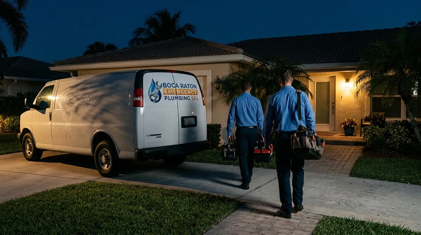 A service van pulling up to a Jupiter home at night, headlights crossing a wet driveway