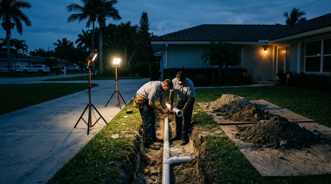 Two plumbers working a trench in a front yard, floodlights cutting through the dark