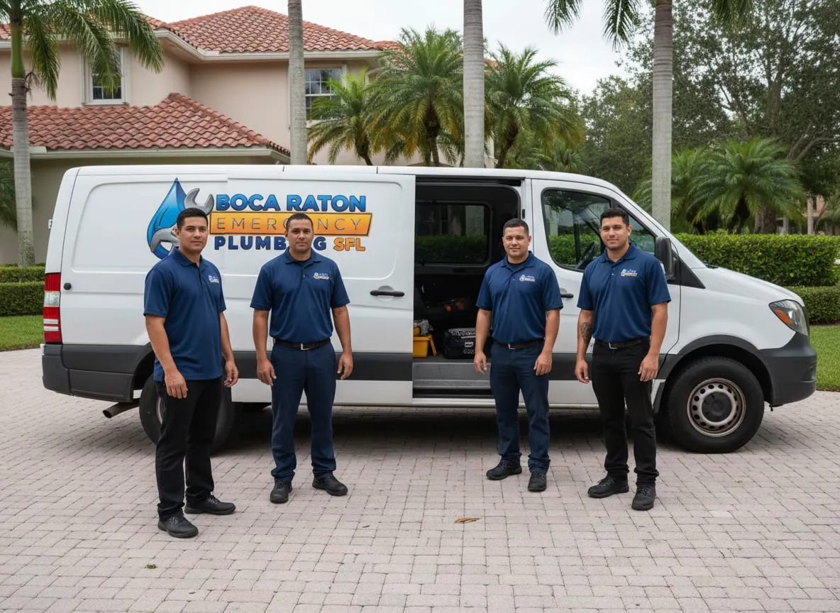 A plumbing crew lined up beside a marked service van, parked in a driveway with its side door open and tools staged inside