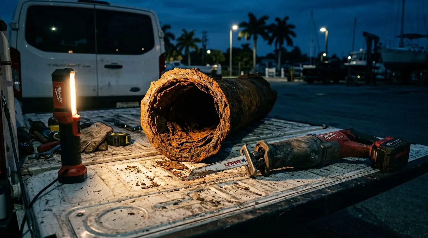 A corroded length of cast iron drain pipe, cut open and laid on a drop cloth for inspection