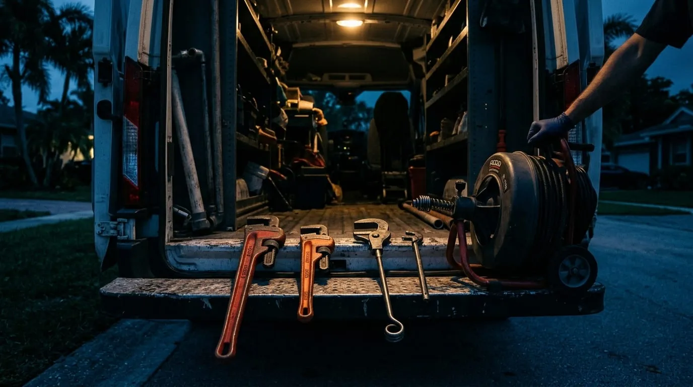 Plumbing tools spread across an open tailgate, lit by a work lamp at night