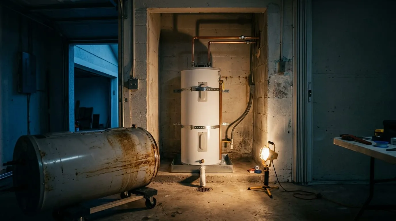 A newly installed water heater standing next to the rusted tank it is replacing