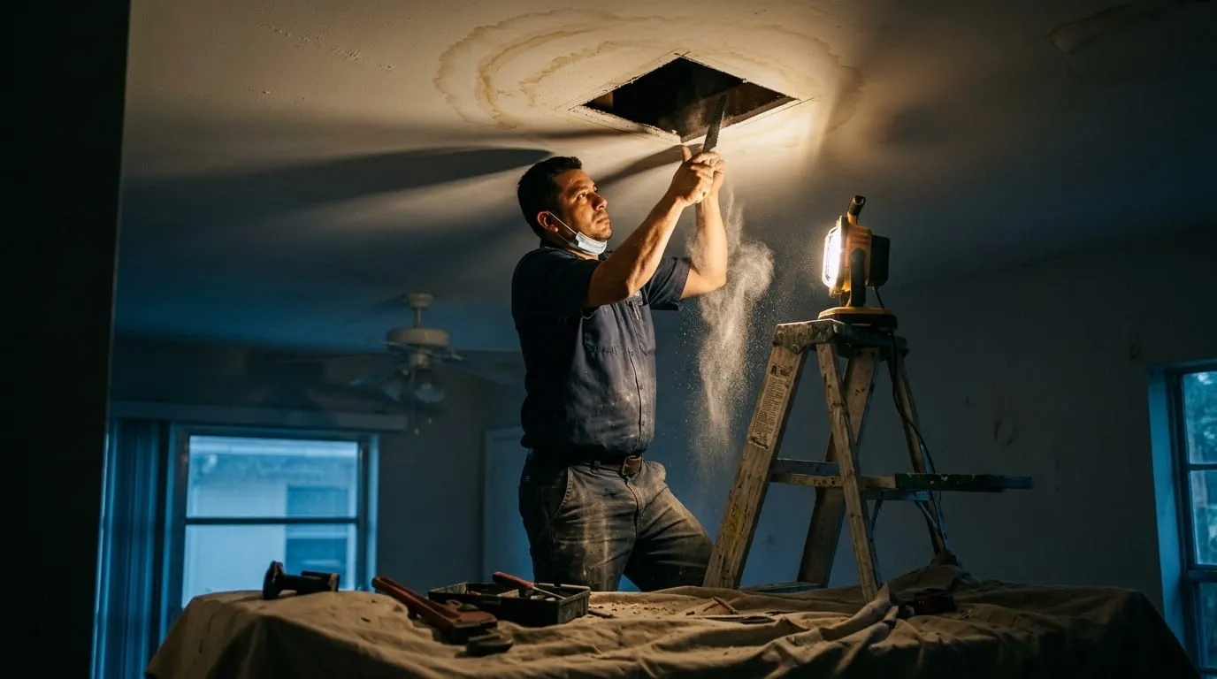 A plumber cutting an access opening into a water-stained ceiling