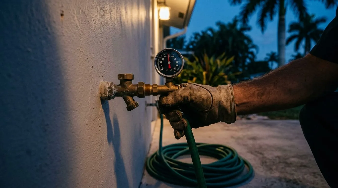 A plumber reading a gauge during a pressure test on a backflow assembly