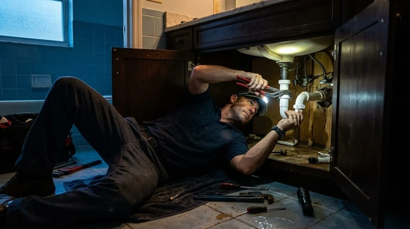 A plumber working on his back beneath a bathroom vanity, wrench on a trap arm