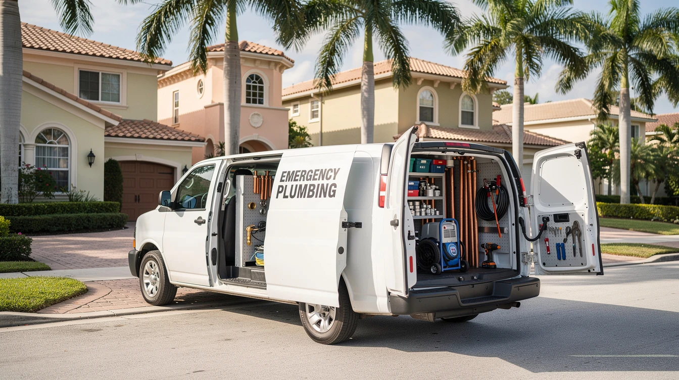 Boca Raton Emergency Plumbing SFL service van parked on a Palm Beach County residential street with the side doors open on tools and fittings