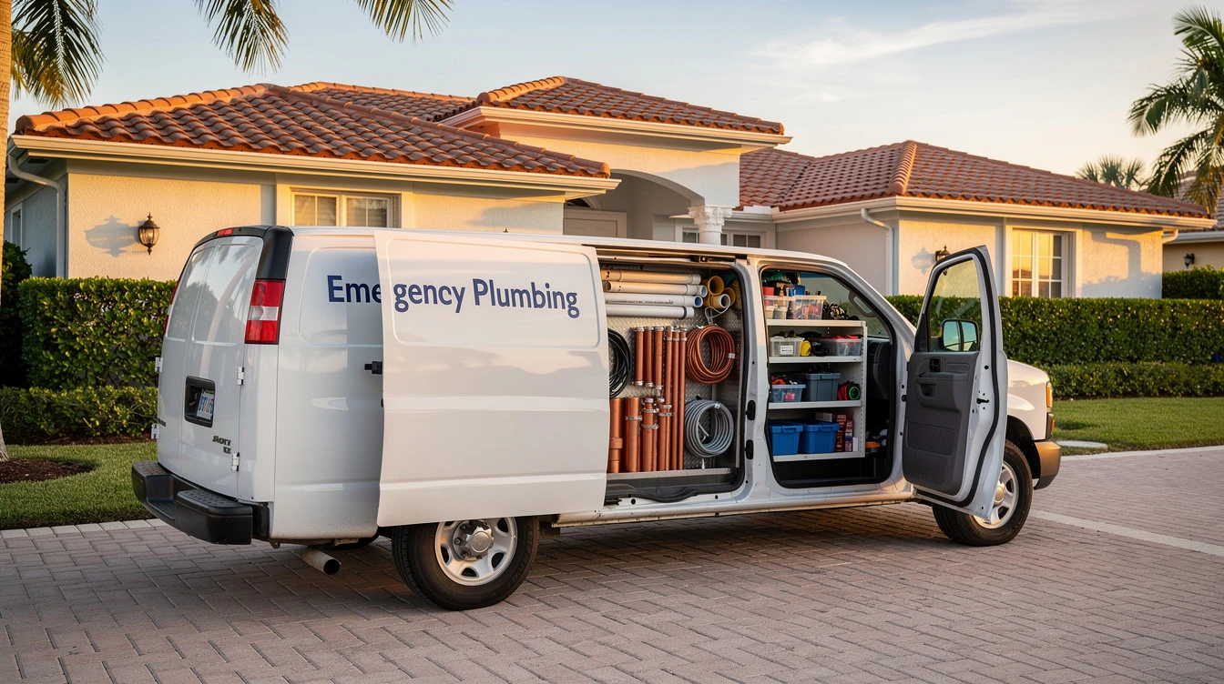 Boca Raton Emergency Plumbing service van parked on a paver driveway in Boca Raton, Florida, side doors open showing tools