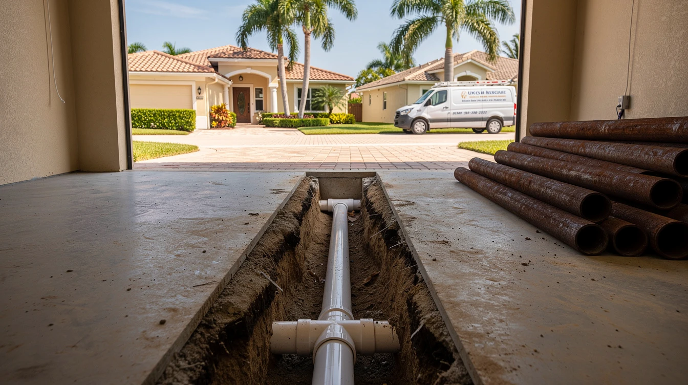 A cut section of rusted-through cast iron drain pipe lying next to a new white PVC section on a paver driveway