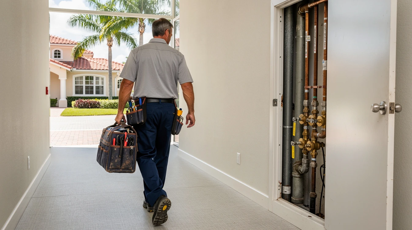 Two plumbers unloading equipment from a white service van on a Boca Raton residential street, the lawn and landscaping untouched behind them