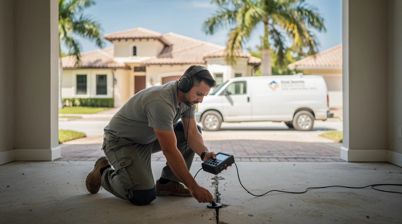 Plumber with a tool case at the service elevator lobby of a coastal Boca Raton condominium tower