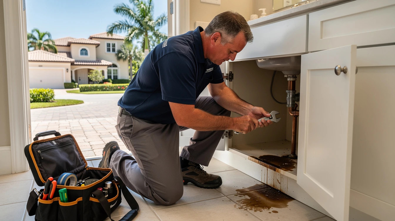 Licensed plumber kneeling at an open vanity cabinet in a Boca Raton home, checking a supply line connection during a leak locate