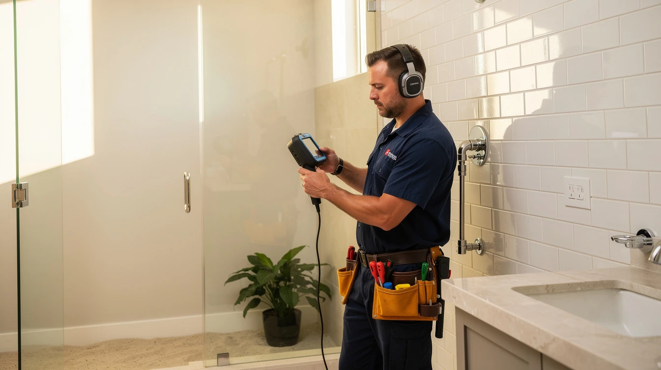 Plumber tightening a fitting beneath a bathroom vanity in a South Florida home