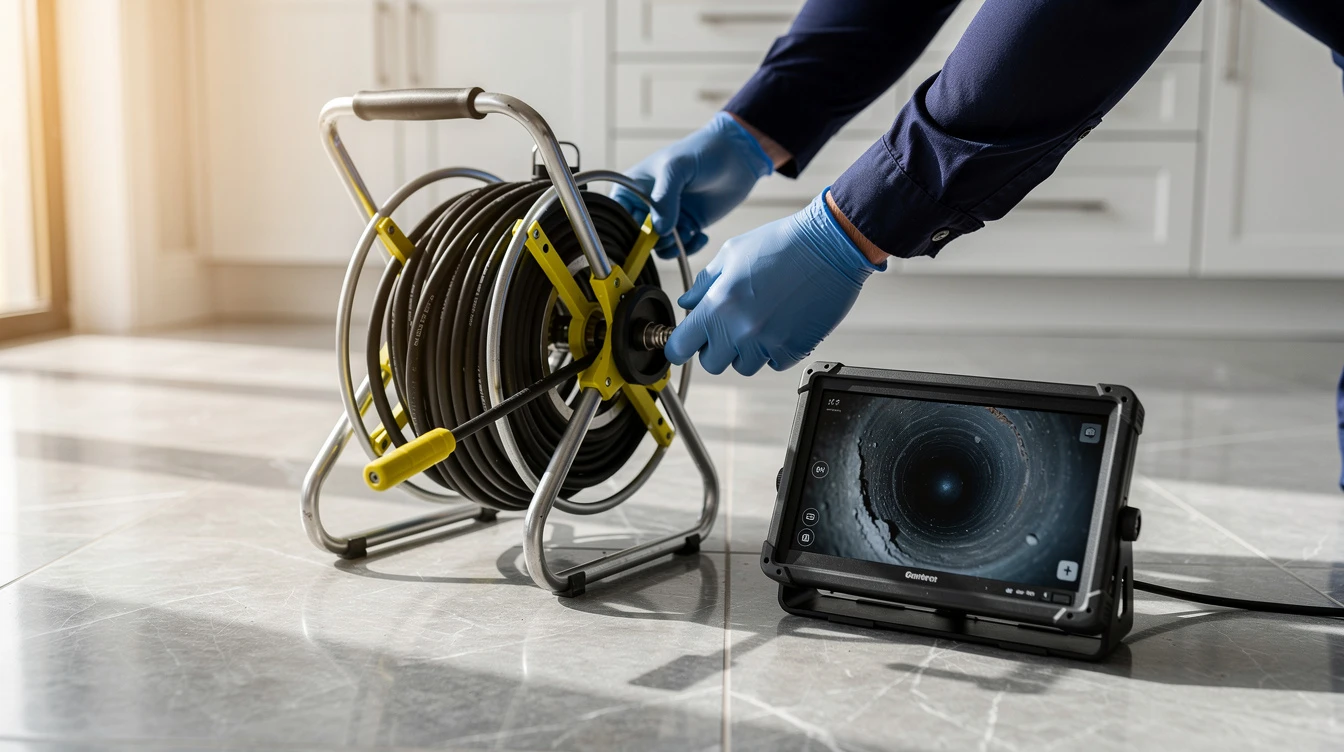 Licensed plumber working under a kitchen sink in a Boca Raton home