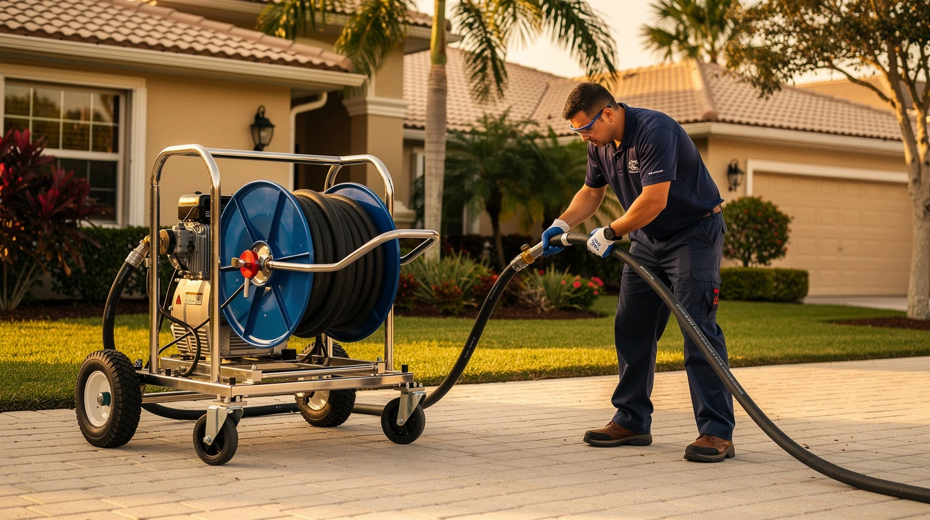 A plumber running a hydro-jetting hose off a wheeled jetter unit on the paver driveway of a South Florida home