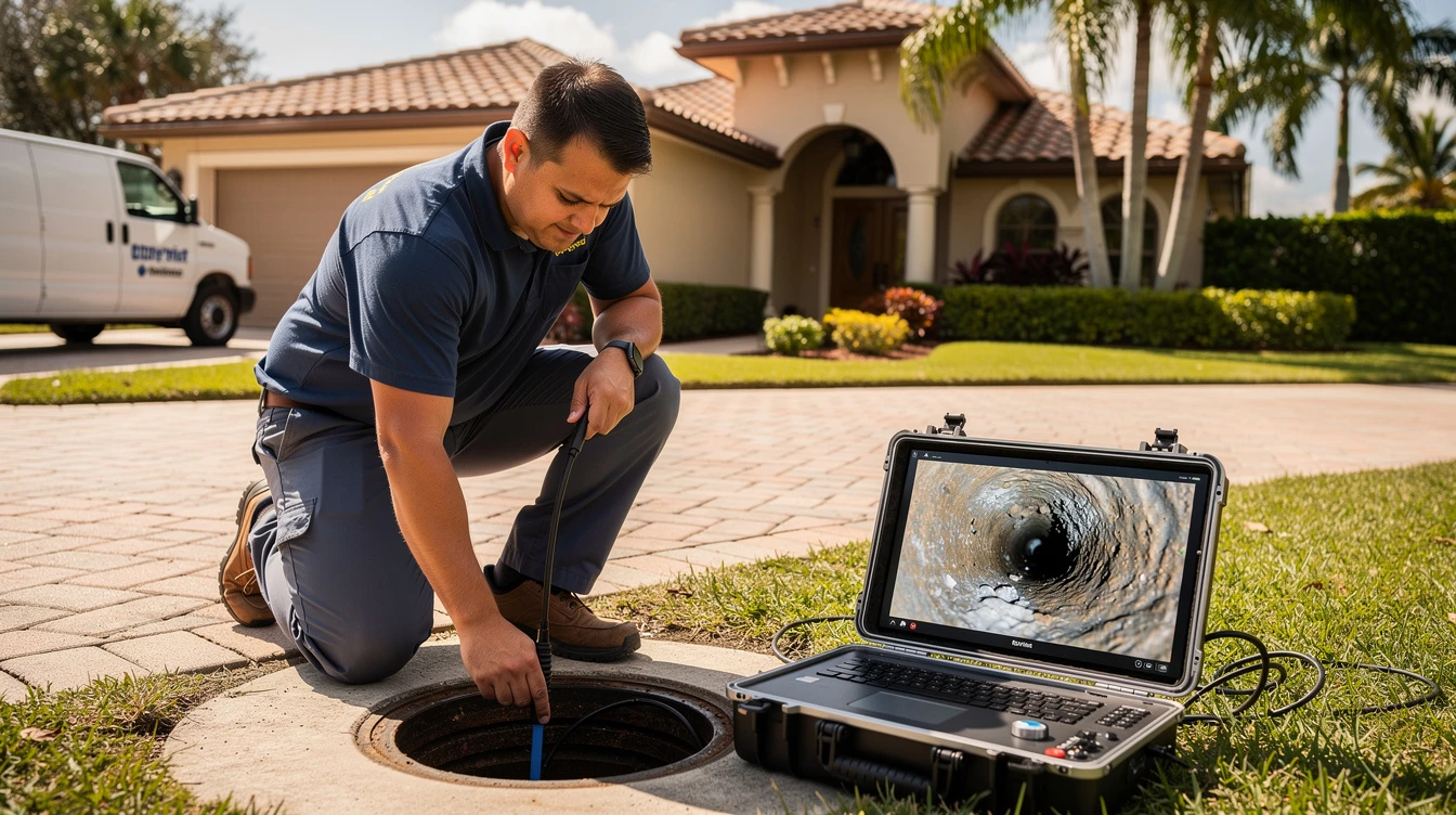 Camioneta de Boca Raton Emergency Plumbing estacionada frente a una casa del sur de la Florida con las puertas laterales abiertas y las herramientas a la vista